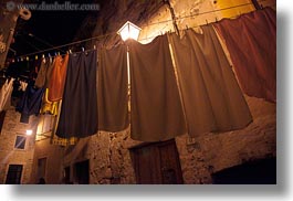 clothes, croatia, europe, hangings, horizontal, lamp posts, laundry, lights, nite, rovinj, photograph