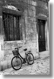 bicycles, black and white, croatia, doors, europe, narrow streets, rovinj, streets, vertical, windows, photograph