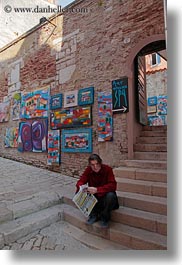 croatia, europe, men, paintings, people, rovinj, sitting, vertical, photograph