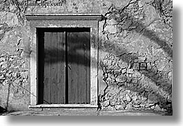 black and white, croatia, doors, europe, horizontal, sipan, stones, walls, photograph