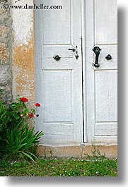 croatia, doors, europe, flowers, red, sipan, vertical, white, photograph