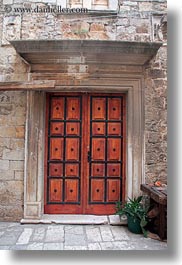 buildings, croatia, doors, europe, frames, ornate, trogir, vertical, woods, photograph