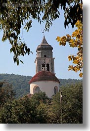 bell towers, buildings, churches, croatia, europe, religious, structures, trees, veli losinj, vertical, photograph