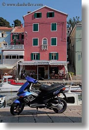 blues, buildings, colorful, colors, croatia, europe, motorcycles, red, veli losinj, vertical, photograph