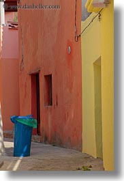 blues, colorful, colors, croatia, europe, oranges, trashcan, veli losinj, vertical, walls, photograph