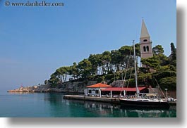 bell towers, boats, buildings, churches, croatia, europe, horizontal, religious, structures, transportation, veli losinj, photograph