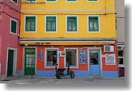 buildings, colorful, colors, croatia, europe, horizontal, moped, veli losinj, yellow, photograph