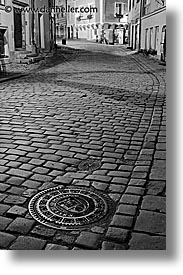 black and white, cesky krumlov, czech republic, europe, krumlov, long exposure, manholes, nite, streets, vertical, photograph