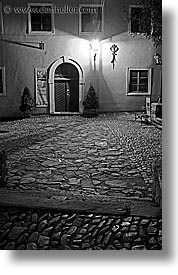 black and white, cesky krumlov, czech republic, doors, europe, lites, nite, slow exposure, streets, vertical, photograph