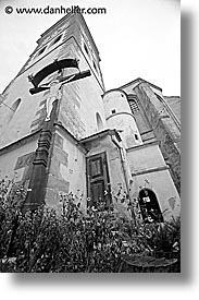 black and white, crosses, czech republic, europe, mikulov, towers, vertical, photograph