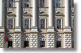 buildings, czech republic, europe, horizontal, ladder, men, prague, red, photograph