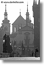 black and white, bridge, charles, charles bridge, czech republic, europe, morning, prague, vertical, photograph