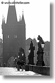 black and white, bridge, charles, charles bridge, czech republic, europe, ped, prague, vertical, photograph