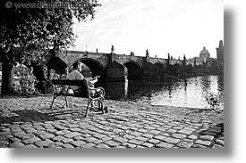 black and white, charles bridge, czech republic, europe, horizontal, morning, prague, reading, photograph