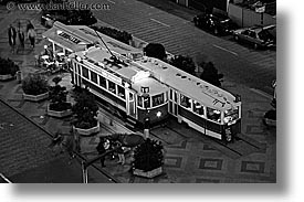 black and white, cafes, czech republic, europe, horizontal, nite, prague, slow exposure, streets, tram, photograph