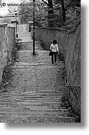 black and white, czech republic, downstairs, europe, prague, streets, vertical, walk, photograph