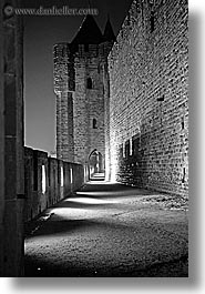 alleys, black and white, carcassonne, castles, cobblestones, europe, france, nite, vertical, photograph