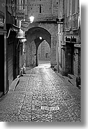 alleys, black and white, carcassonne, castles, cobblestones, europe, france, nite, vertical, photograph