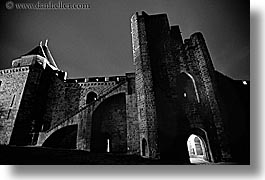 black and white, carcassonne, castles, europe, france, horizontal, photograph