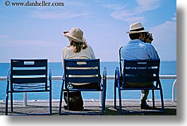 chairs, couples, europe, france, horizontal, nice, ocean, seas, watching, photograph
