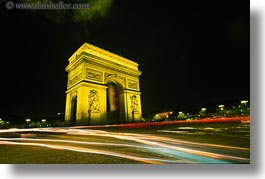 arc de triomphe, europe, france, horizontal, light streaks, lights, nite, paris, traffic, photograph