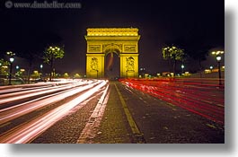arc de triomphe, europe, france, horizontal, light streaks, lights, nite, paris, traffic, photograph