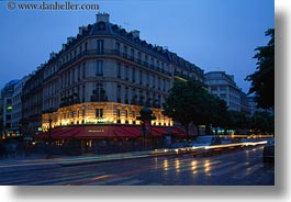 buildings, dusk, europe, fouquet restaurant, france, glow, horizontal, light streaks, lights, paris, traffic, transportation, photograph