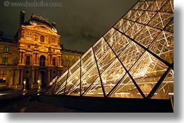 buildings, europe, france, glasses, horizontal, louvre, materials, nite, paris, pyramids, structures, photograph