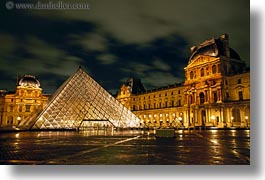 buildings, europe, france, glasses, horizontal, louvre, materials, nite, paris, pyramids, structures, photograph