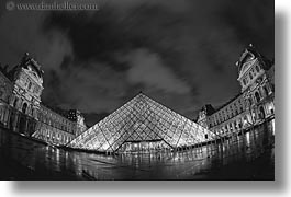 black and white, buildings, europe, france, glasses, horizontal, louvre, materials, nite, paris, pyramids, structures, photograph