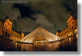 buildings, europe, france, glasses, horizontal, louvre, materials, nite, paris, pyramids, structures, photograph