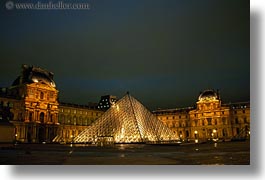 buildings, europe, france, glasses, horizontal, louvre, materials, nite, paris, pyramids, structures, photograph