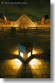 buildings, europe, france, glasses, louvre, materials, nite, paris, pyramids, structures, vertical, photograph