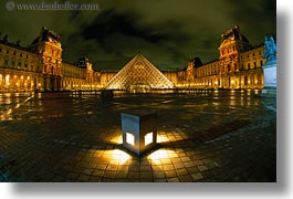 buildings, europe, france, glasses, horizontal, louvre, materials, nite, paris, pyramids, structures, photograph