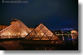 buildings, europe, france, glasses, horizontal, louvre, materials, nite, paris, pyramids, structures, photograph