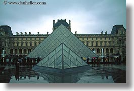 buildings, courtyard, europe, france, glasses, horizontal, louvre, materials, paris, pyramids, structures, photograph