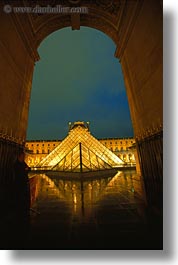 archways, buildings, europe, france, glasses, louvre, materials, paris, pyramids, structures, vertical, photograph