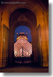 archways, buildings, europe, france, glasses, louvre, materials, paris, pyramids, structures, vertical, photograph