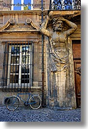 aix en provence, arts, bicycles, buildings, cobblestones, europe, france, materials, provence, statues, stones, vertical, photograph