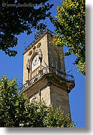 aix en provence, blues, buildings, city hall, clock tower, colors, europe, france, provence, structures, towers, trees, vertical, photograph