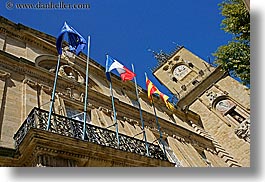 aix en provence, blues, buildings, city hall, clock tower, colors, europe, flags, france, horizontal, provence, structures, towers, photograph