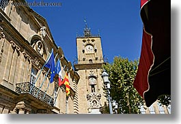 aix en provence, blues, buildings, city hall, clock tower, colors, europe, flags, france, horizontal, provence, structures, towers, umbrellas, photograph