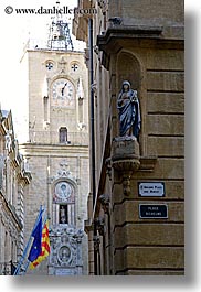 aix en provence, buildings, city hall, clock tower, europe, flags, france, provence, statues, structures, towers, vertical, photograph