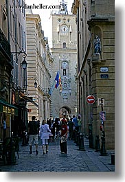 aix en provence, buildings, city hall, clock tower, cobblestones, crowds, europe, france, materials, pedestrians, people, provence, streets, structures, towers, vertical, photograph