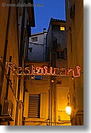 aix en provence, europe, france, lamp posts, lights, nite, provence, restaurants, signs, slow exposure, vertical, photograph