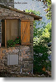 castellane, europe, farmhouse, france, geraniums, materials, provence, stones, vertical, windows, photograph