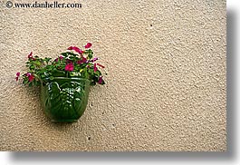 castellane, colors, europe, france, geraniums, green, horizontal, provence, red, walls, photograph