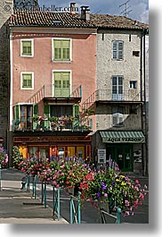 buildings, castellane, europe, flowers, france, provence, towns, vertical, photograph