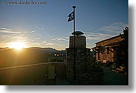 castles, chateau trigance, dawn, europe, flags, france, horizontal, provence, sunrise, photograph