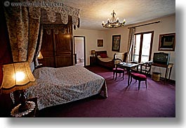 beds, chateau trigance, colors, europe, france, furniture, horizontal, hotels, provence, purple, rooms, photograph